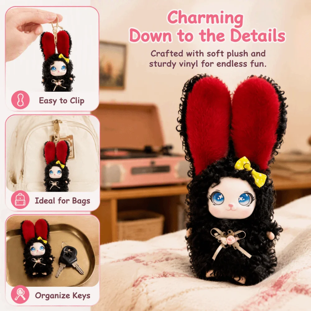 Decorative Long Ear Bunny Plush Doll Bag Hanging Charms Ornaments Rabbit Plush Keychain Floral Bow Miniature Car Key Ring Girls