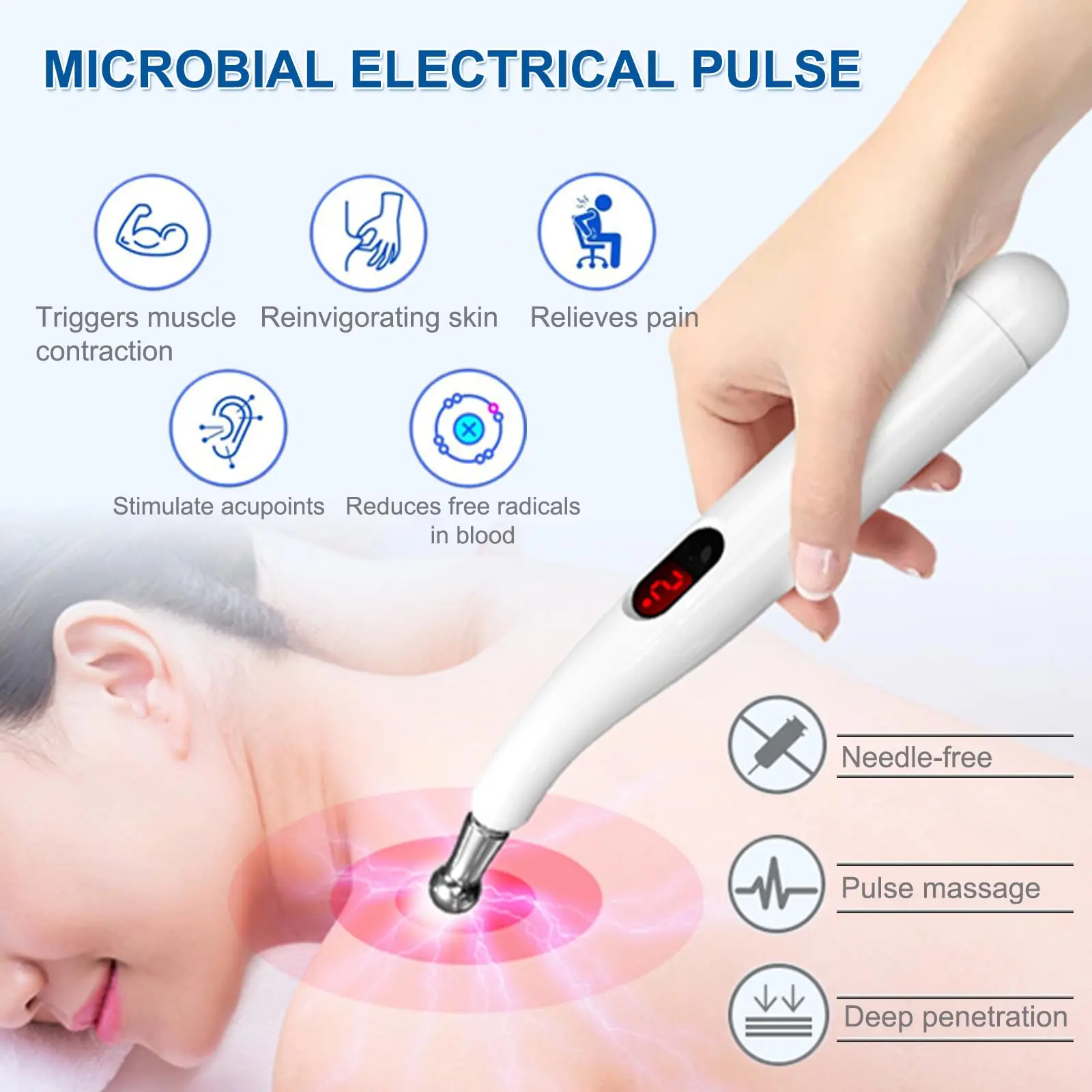 قلم العلاج بالابر الكهربائي القابل لإعادة الشحن - 5 رؤوس قابلة للتبديل لتخفيف آلام العضلات والتعب، أداة تدليك الوجه والجسم
