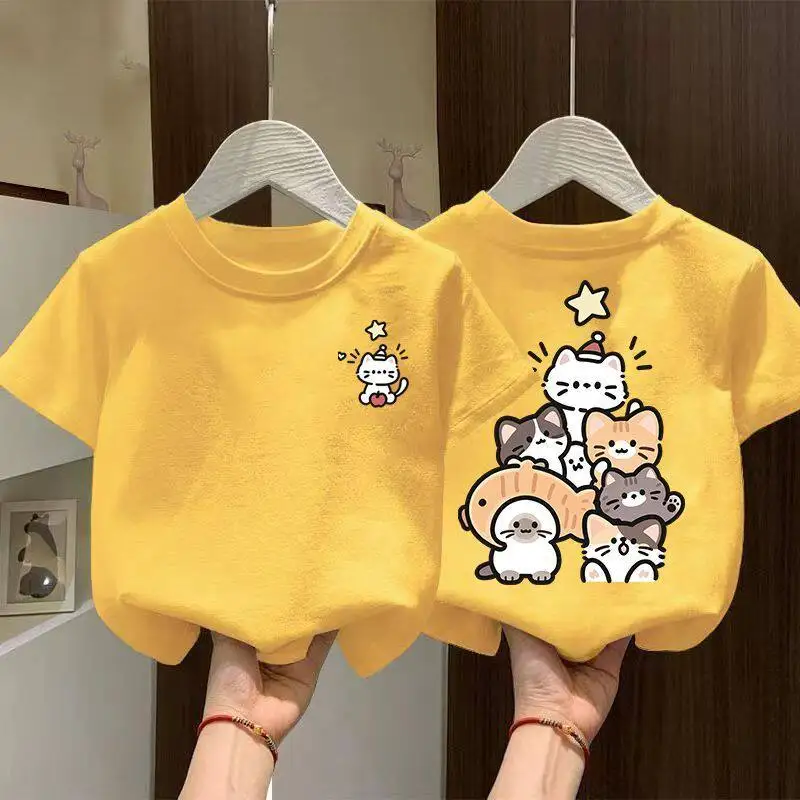 Round Neck Pure Cotton Short Sleeved T-shirt Summer Children's Cartoon Printed Stylish Versatile Half Sleeved Parent-child Top