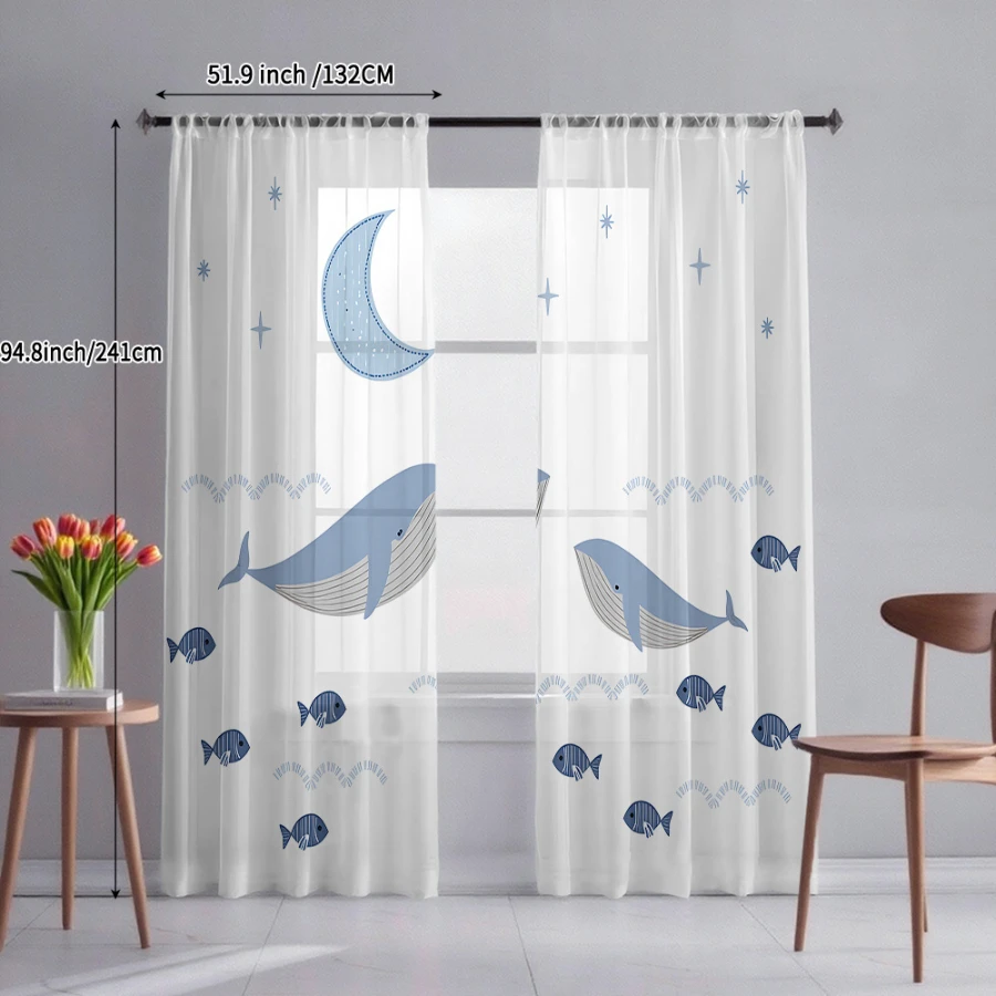2PCS Digital Print Sheer Curtain, Blue Whale Star Moon, Vintage Floral Window Curtains for Living Room Bedroom Home Decor