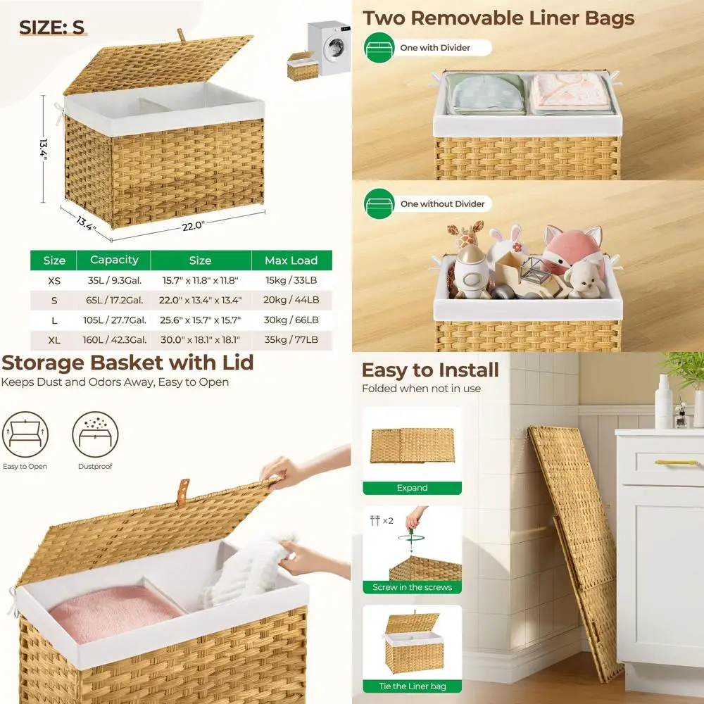 

Storage Basket with Lid, 17.2 Gallon(65L) Small Wicker Blanket Storage Basket with Handles, Foldable, 2 Removable Liner Bags, Me