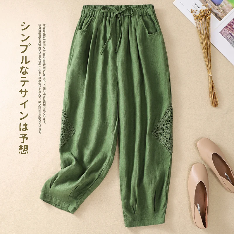 

Women Casual Pants Vintage Linen Elastic Waist Cut Out Lace Stitched Pocket Capri 2024 Spring Belt Loose Haren Pants