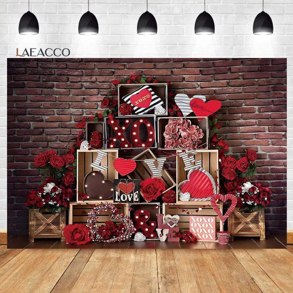 Laeacco Valentine's Day Photography Backdrop Red Rose Brick Wall Sweet Love Hearts Wedding Bridal Shower Portrait Background