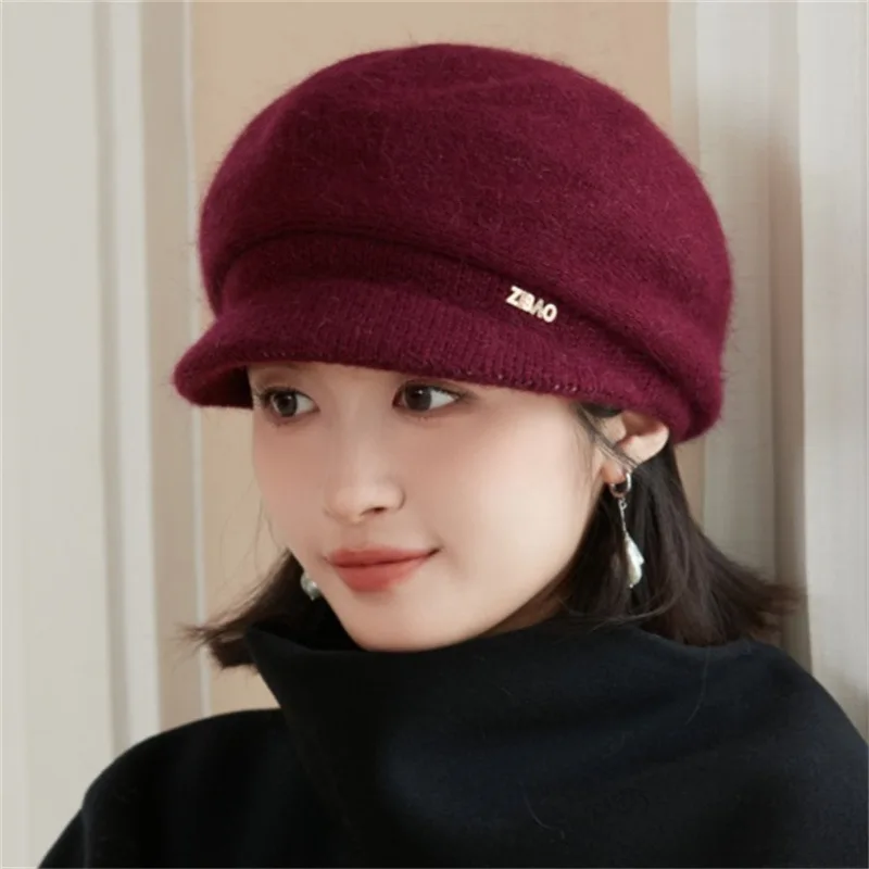 Rabbit hair hat for middle-aged and elderly women Knitted warm woolen hat with fleece for moms and grandmas in autumn and winter