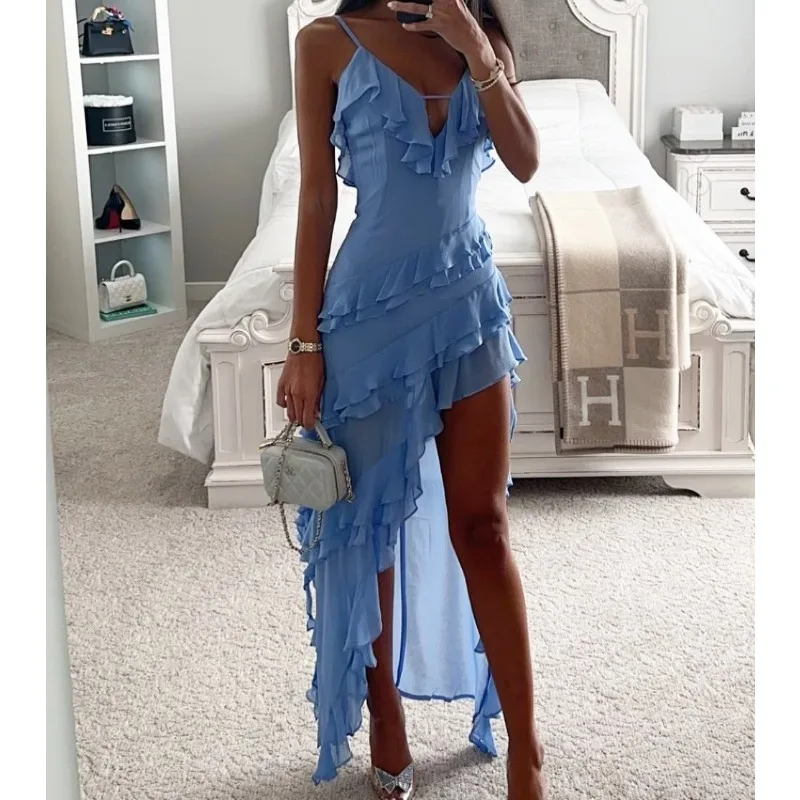 

2026 New Suspender Irregular Fungus Edge Solid Color Dress