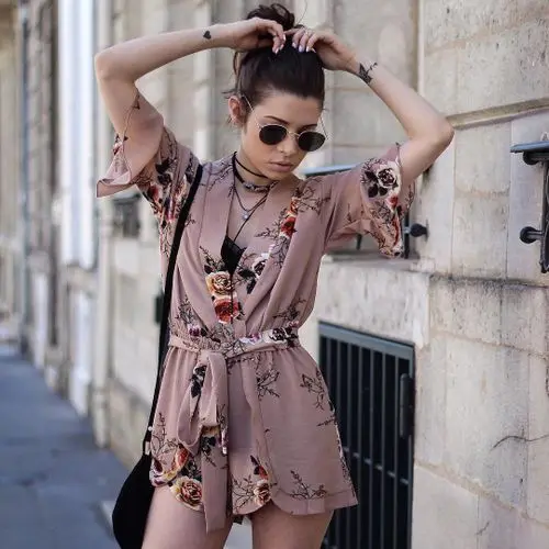 Bella Philosophy summer floral print short sleeve ruffles women playsuit jumpsuit rompers beach style short overalls