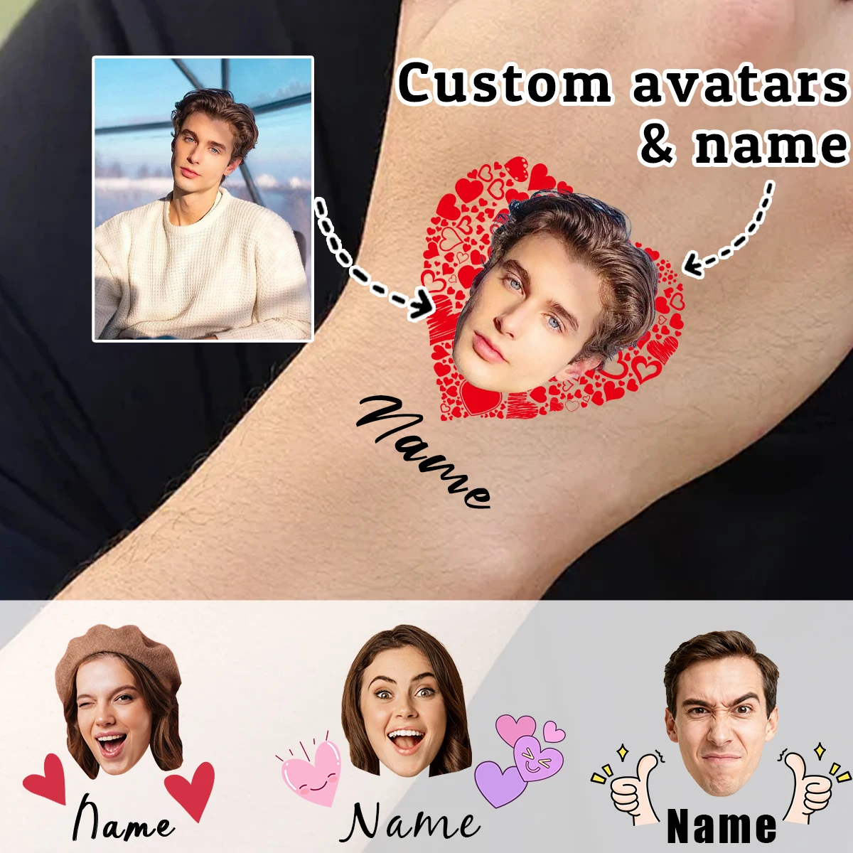 Individuelles Foto-Temporärtattoo mit Namen, Romantischer Herz-Stil Gesichtstattoo für Paarfeiern