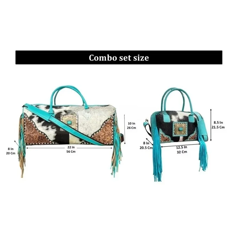 Luxury size fringed duffel bag genuine leather cowhide combination set