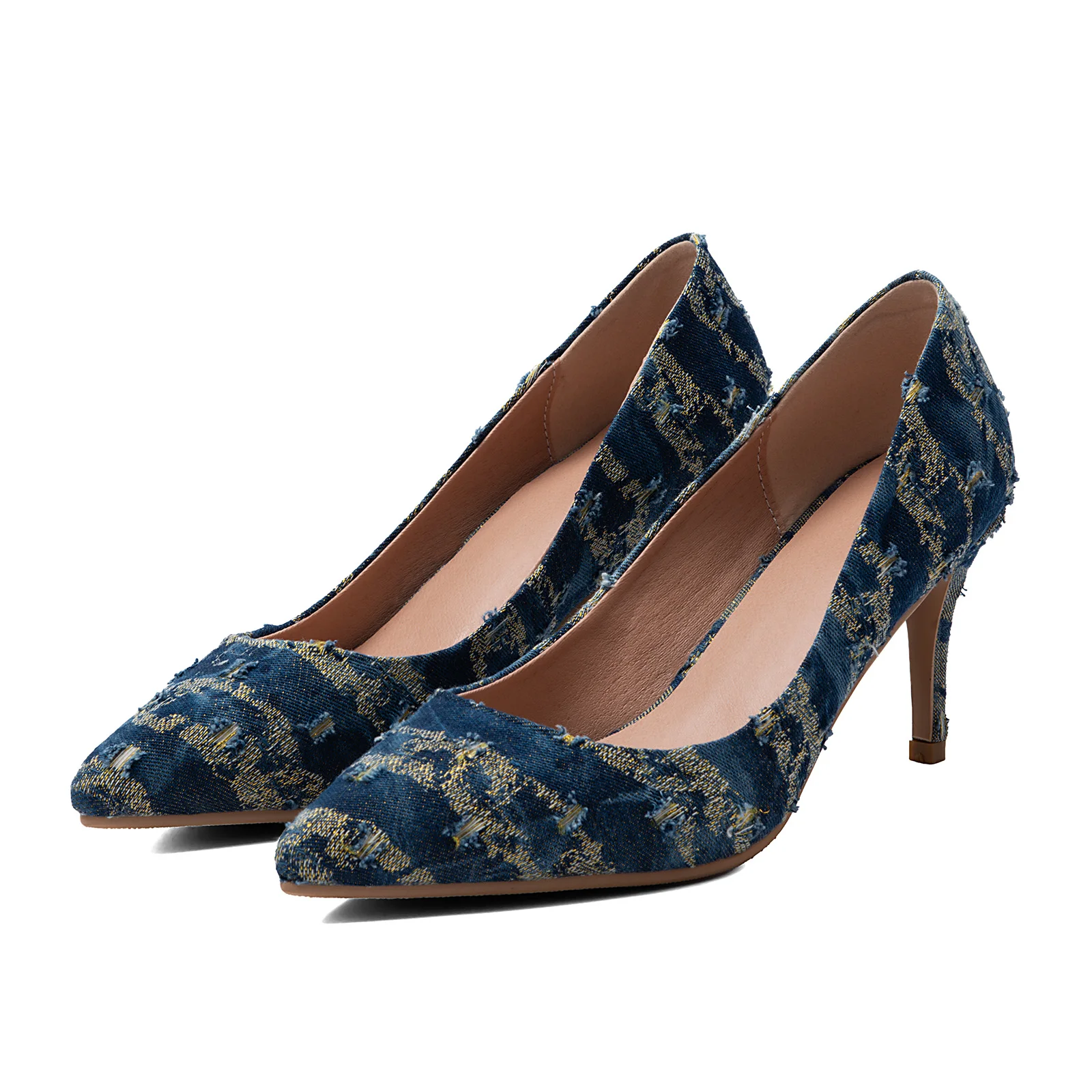 Denim Golden Jacquard Pointed Toe Pumps Women Mid-Heel Stiletto Heels Vintage Distressed Denim Dress Party Shoes