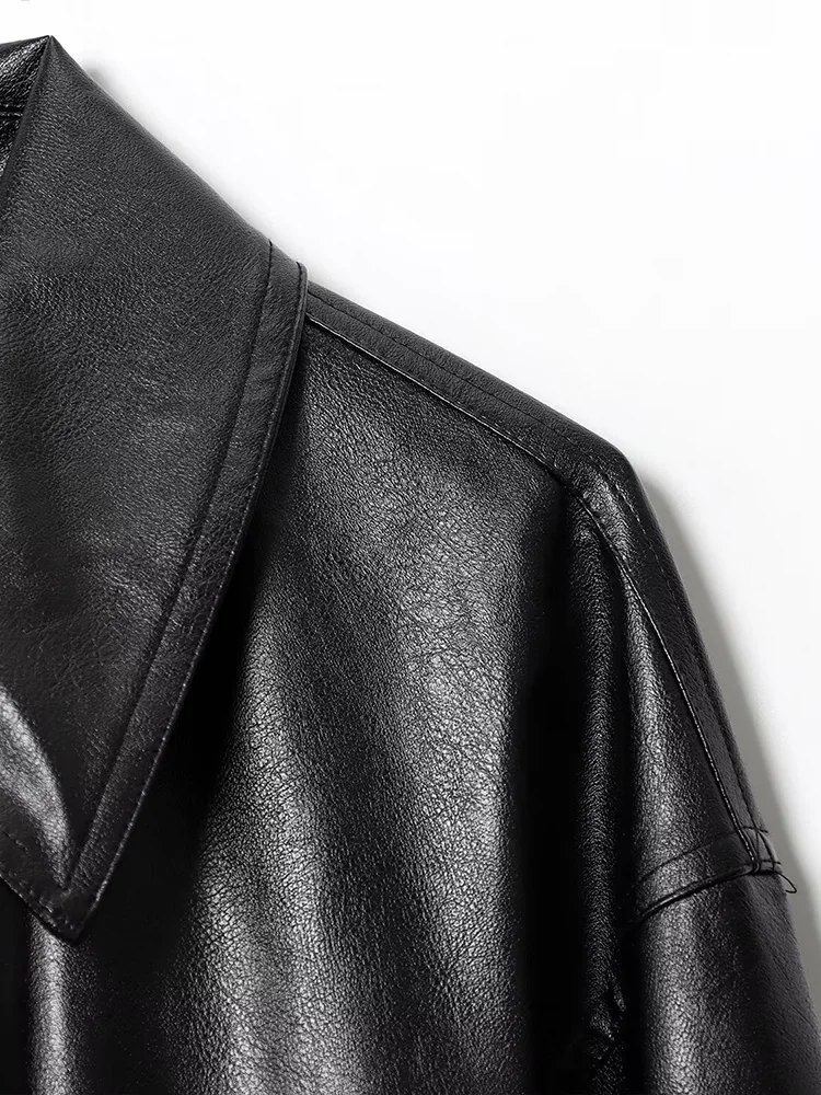 Estilo europeu nova moda feminina versátil temperamento cor sólida imitação de couro jaqueta de lapela piloto