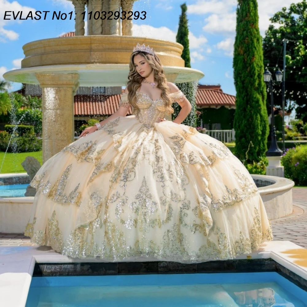 EVLAST Vestido de Quinceañera Personalizado con Lentejuelas Doradas, Vestido de Gala con Apliques de Lentejuelas y Cuentas de Cristal, Vestidos de 15 Años AQ250