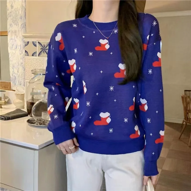 

2022 Autumn Winter New Fashion Trend O Neck Long Sleeve Printing Loose Casual Knitting Christmas Sweater Pullovers Women