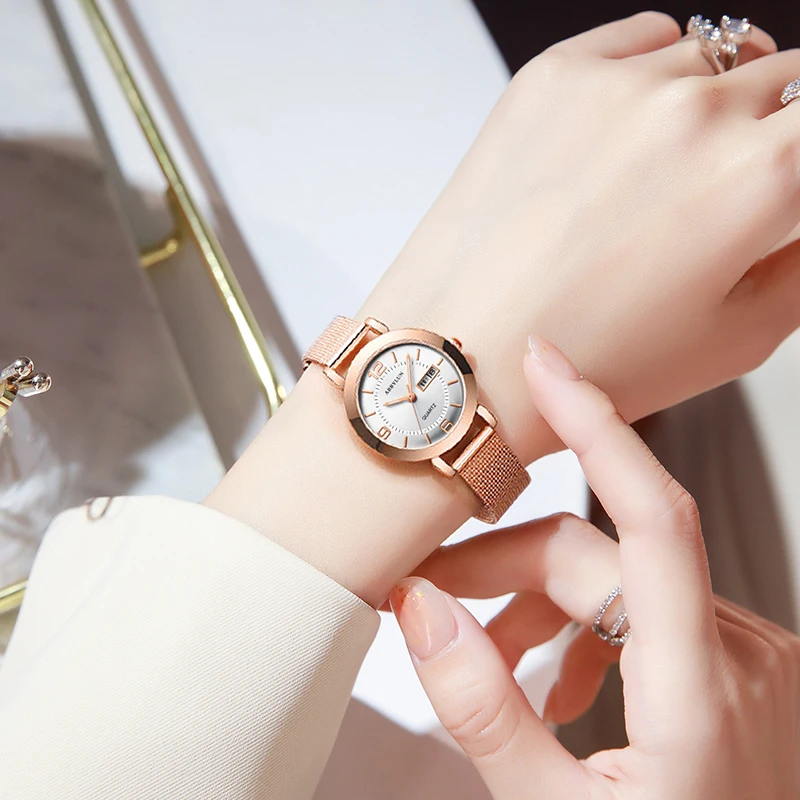 Abbylun-女性用のオリジナルのエレガントなクォーツ時計,スチールストラップ,防水,カレンダー,発光,女性用腕時計,ファッショナブルなデザイン,602