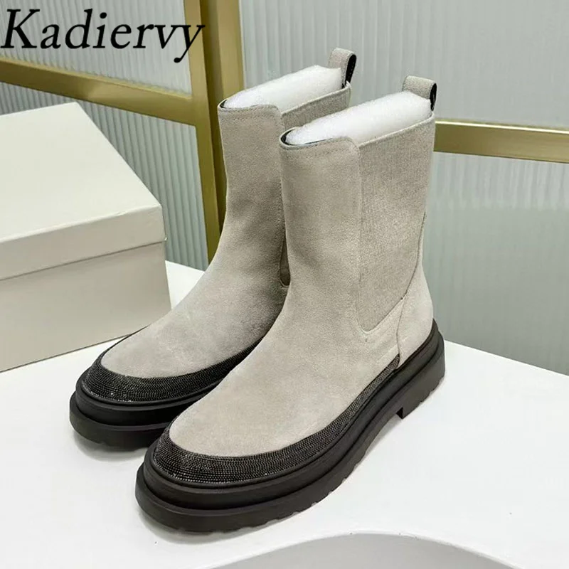 New Flat Motorcycle Boots Woman Round Toe Slip-on Ankle Boots String Bead Thick Sole Shoes Woman Suede Leather Short Boots Woman