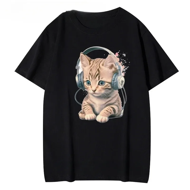 Camiseta Kawaii con estampado de gatito y auriculares para Mujer, Camiseta roja de manga corta con cuello redondo, camisetas para Mujer, ropa, Camisetas para Mujer