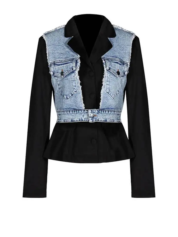 

Women Gray Denim Color-block Burr Elegant Blazer New Lapel Long Sleeve Jacket Fashion Tide Spring Autumn