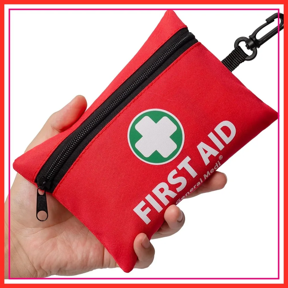 

Mini First Aid Kit 110 Piece - Emergency Foil Blanket, Scissors for Travel, Home, Office, Vehicle, Camping, Outdoor (Red)