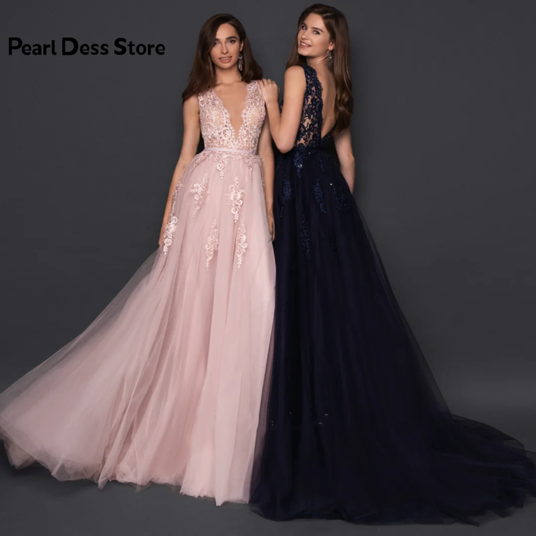 Long Lace Evening Dress Pink Purple Black Detachable Shoulder Cover Deep V-neck A-line Backless Party Prom Dress Graduation