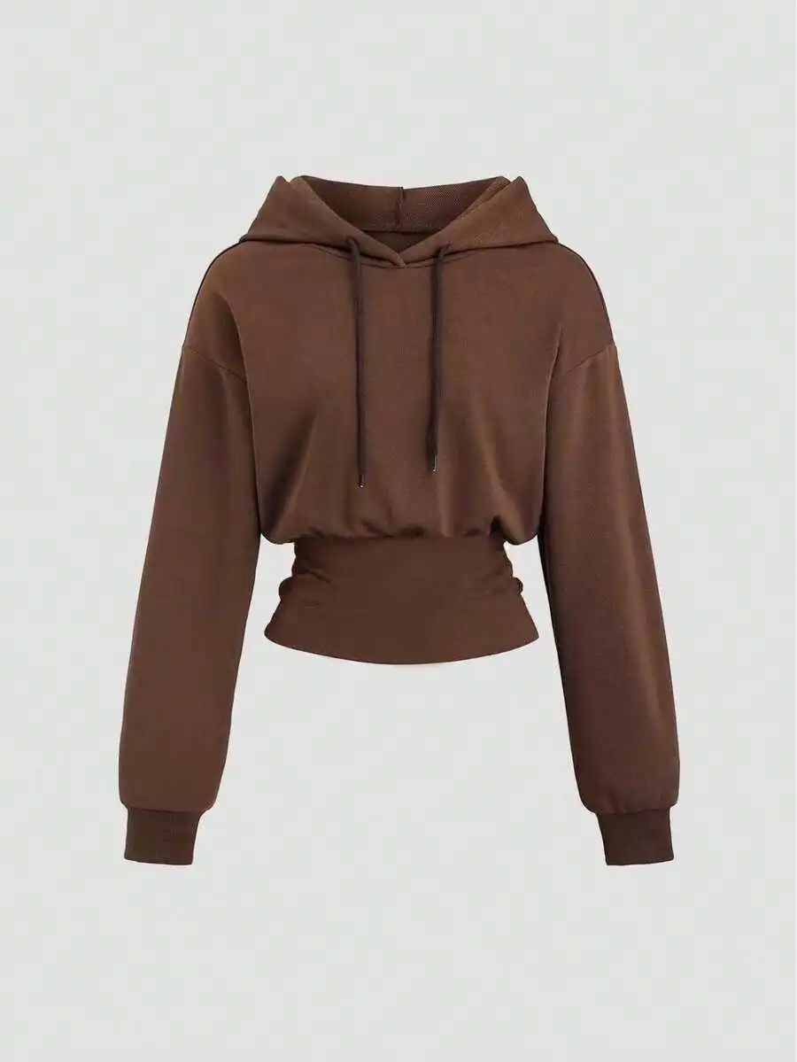 

Women's Brown Cropped Hoodie with Cinched Waist and Drawstring