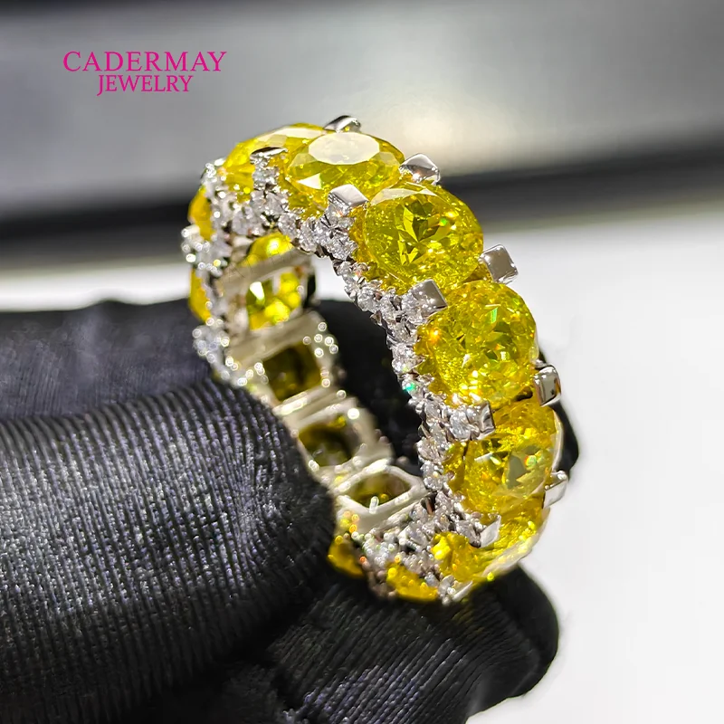 Cadermay Jewelry 925 Silver 6mm Round Shape Yellow YAG Eternity Band Mix Moissanite Yellow Lab Gemstone Ring Band for Women Gift