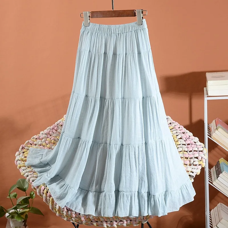 Blue Cotton Linen Mid Long A-Line Skirt Women 2023 Spring Summer Casual High Waist Patchwork Skirt Female Casual All Match Skirt