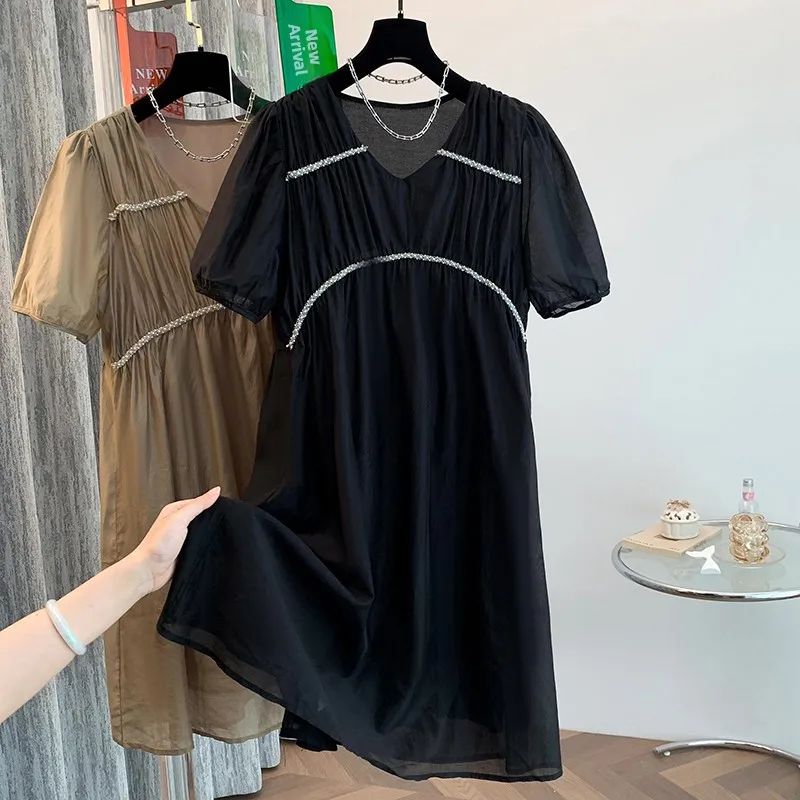 Ele v-ne dr feminino verão novo solto plus size saia evasê emagrecimento fibra de poliéster ort sve casual dr