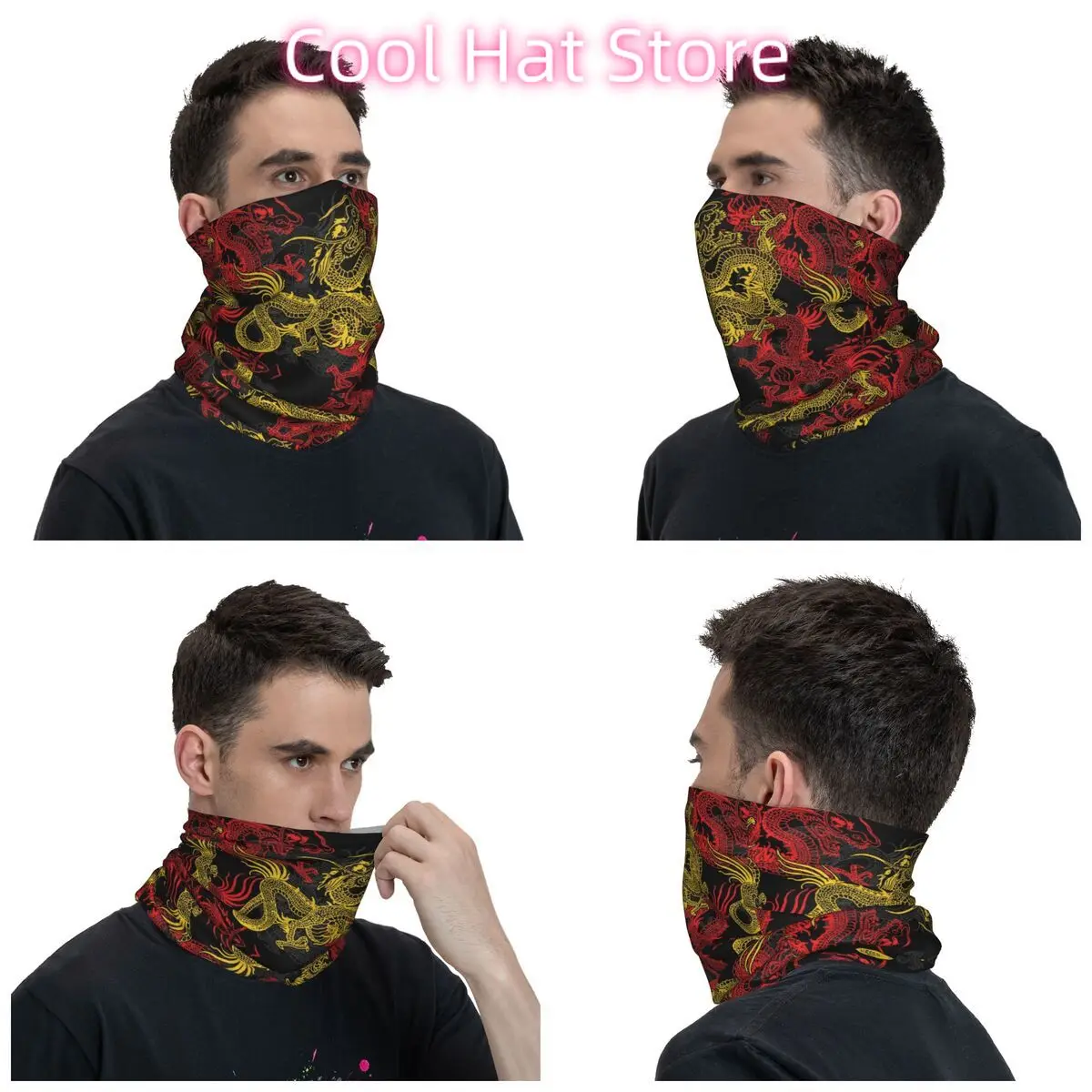 Custom Golden Chinese Dragon Pattern Bandana Neck Gaiter for Ski Running Men Women Wrap Scarf Oriental Mythical Headband Warmer view 2