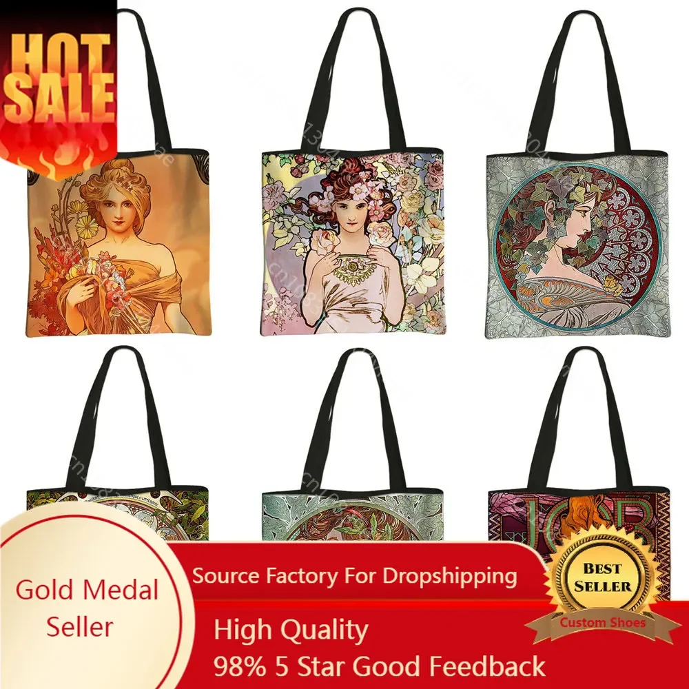 

Oil Painting By Alphonse Mucha Print Shoulder Bags Women Causal Totes Beauty Ladies Handbag Female Reusable Storage Shopping Bag