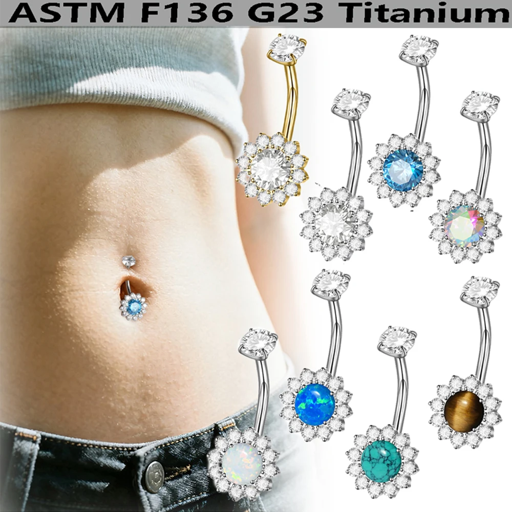 1PC G23 Titanium Flower Round Zircon Belly Button Rings Navel Piercing Rings Opal Internal Thread Navel Piercing Body Jewelry