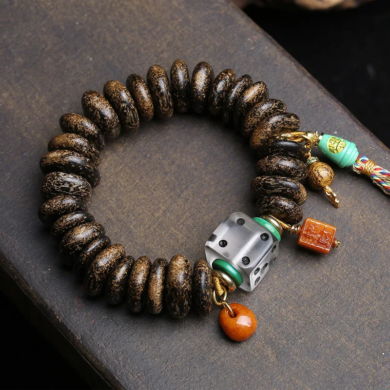 Natural agarwood square tablet, cultural plaything, bracelet, single loop, vintage material, dice, reflux bone clasp, accessory