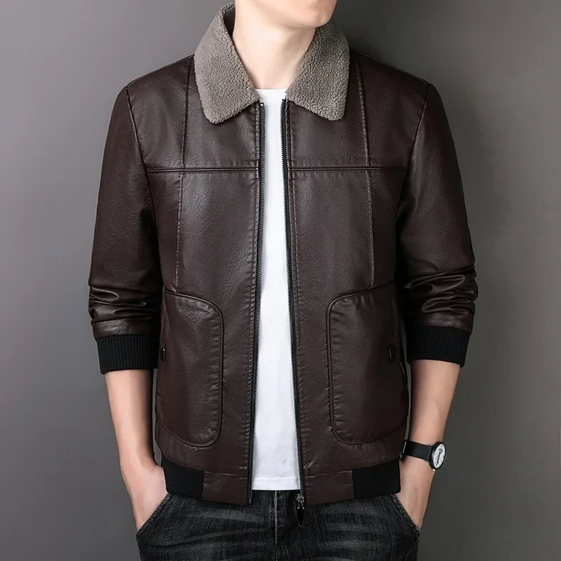 Fleece-Lined Thicken Lapel Leather Coat Middle-Aged Men Winter New Men Clothing Casual Large Size Business Leather Jacket