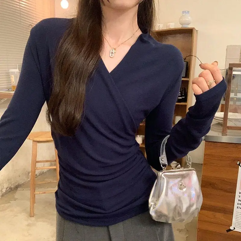Casual Korean OL Women's Surplice Sve T-shirt Autumn Medium Plain Long Sleeve V-neck Polyester Fiber Washed Style Q240556