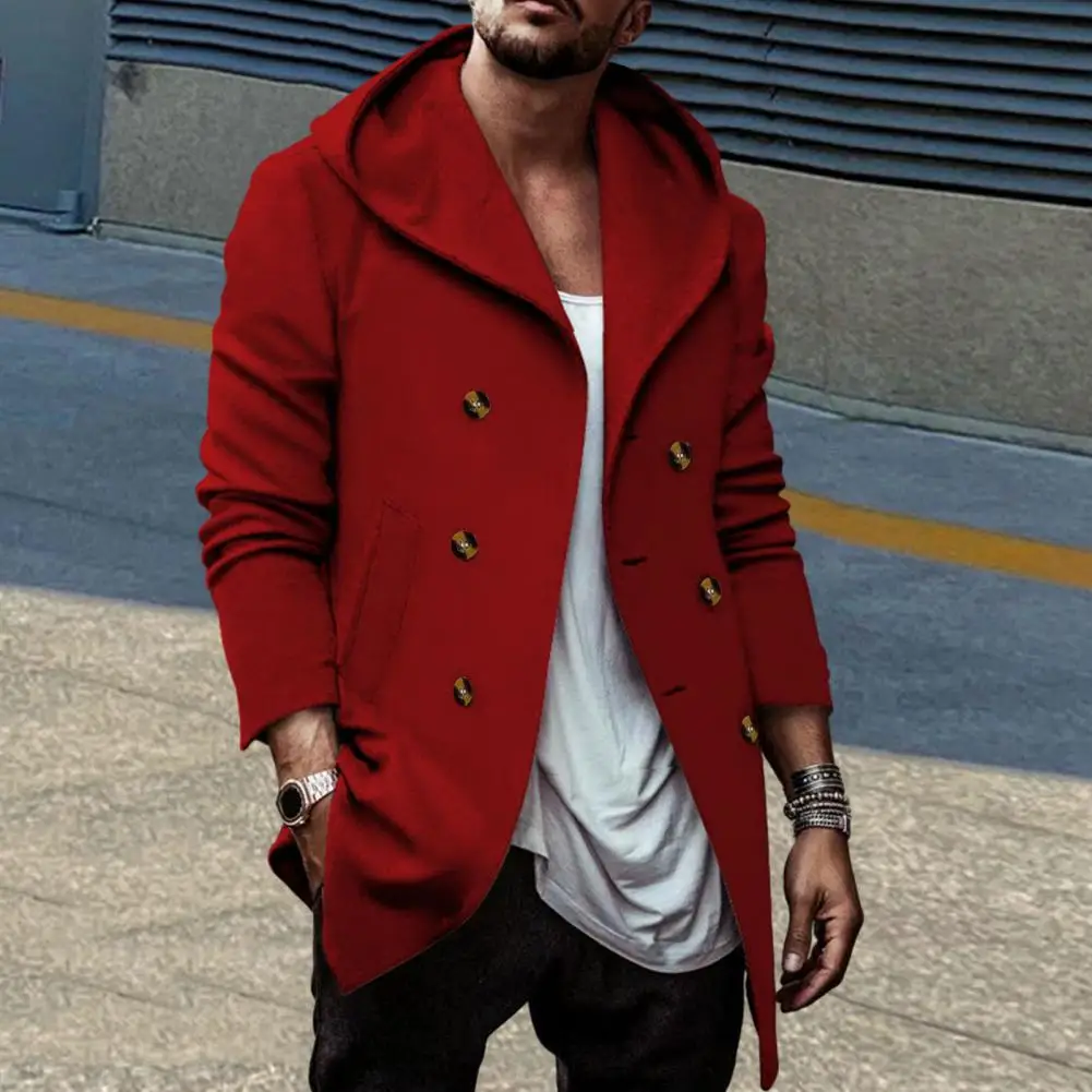 Hooded Men Coat Men Winter Coat Stylish Men's Double-breasted Hooded Coat Mid Length Solid Color Soft Warm for Fall/winter