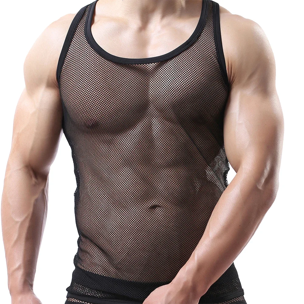 Men Solid Color See Through Mesh Tanks Top Sexy Transparent Fishnet Sleeveless Tank Top Male Perspective Bodybuilding Muscle Top