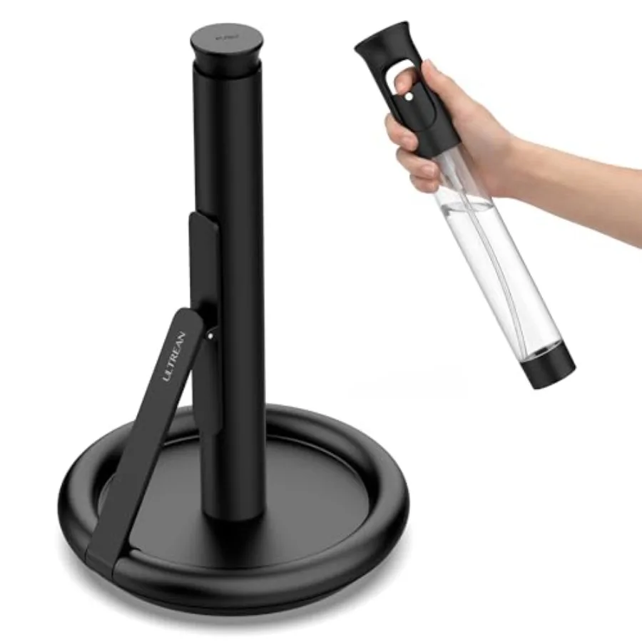 

Countertop Freestanding Paper Towel Holder with Spray Bottle Spring-Loaded Tension Arm for One-Handed Tear Weighted Base Stainl