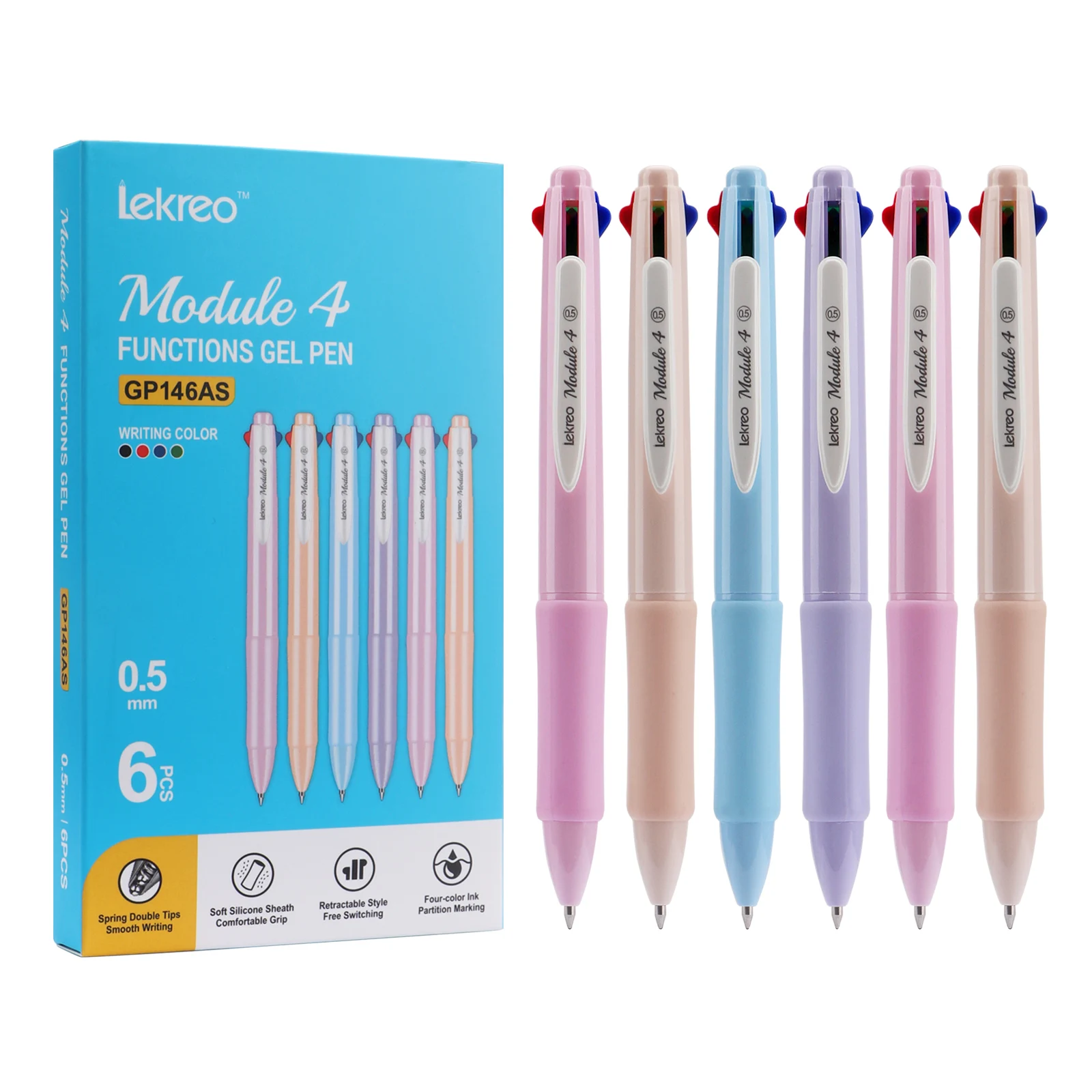 

Lekreo GP146AS 6pcs Multicolor Gel Pen 0.5mm 4-in-1 Student Colored Pens Fine Point Pens for Planner Journaling Assorted