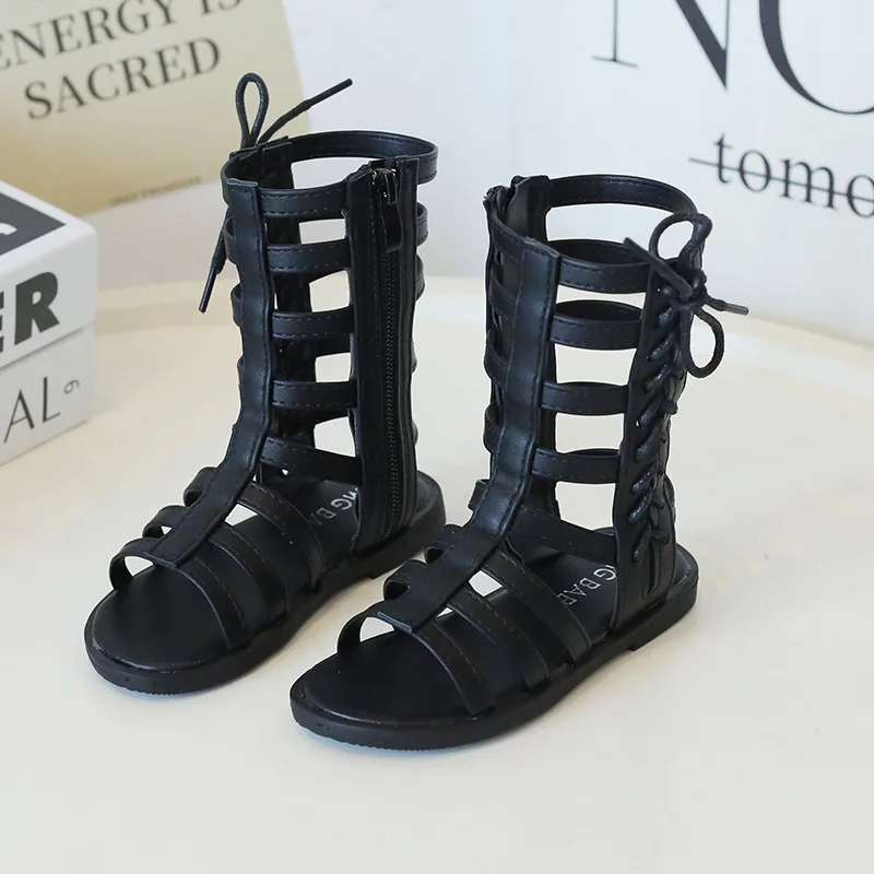 Summer Girls Lace-Up High-Top Princess Sandals Kids Open-Toe Soft-Soled Roman Shoes Children Beach Shoes Fashionable Casual Shoe
