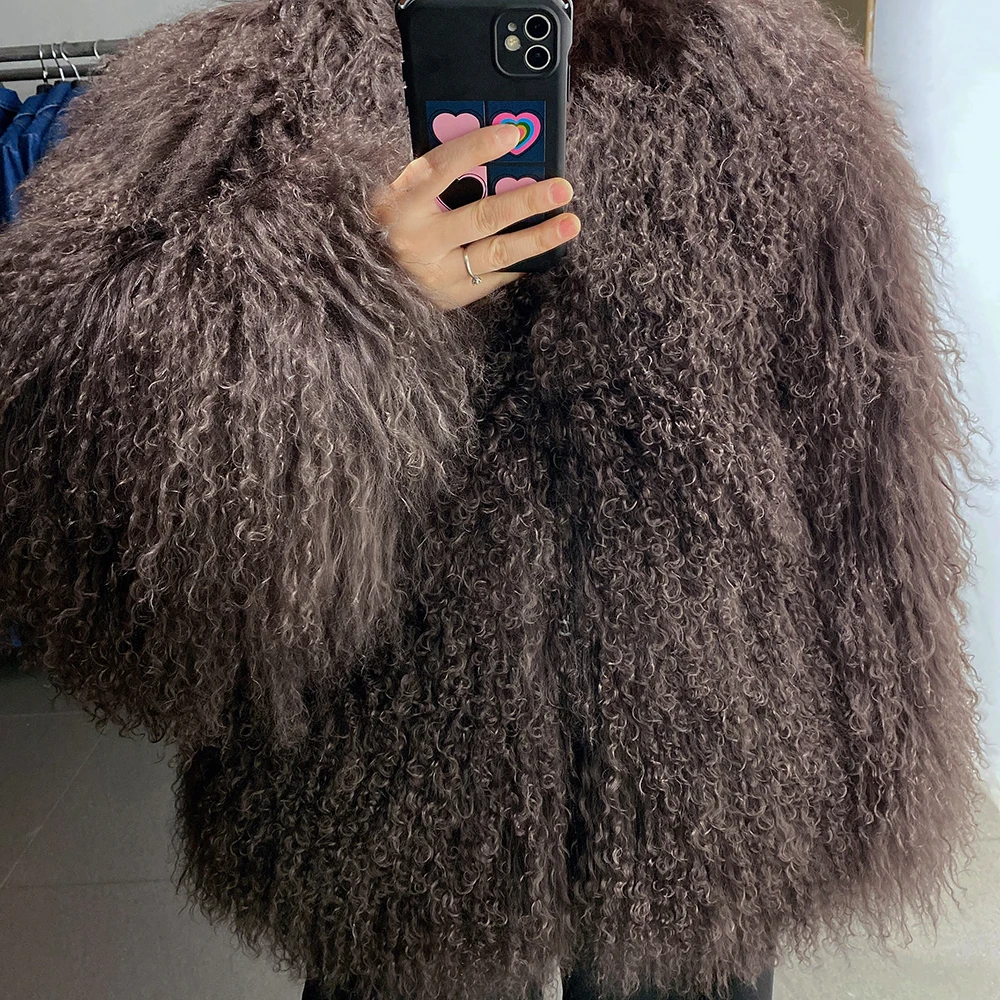 YOLOAgain Plus Size Dark Brown Mongolia Sheep Fur Jacket Women Real Fur Jacket Female Winter Warm Outerwear