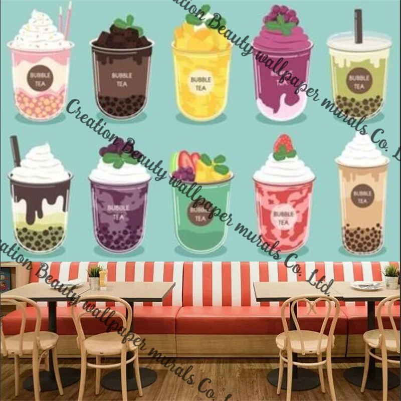 Simple Black Background Wallpaper Milk Tea Shop Custom Mural Bubble Tea Shop Milk Cap Cold Drink Bar Industrial Decor Wall Paper