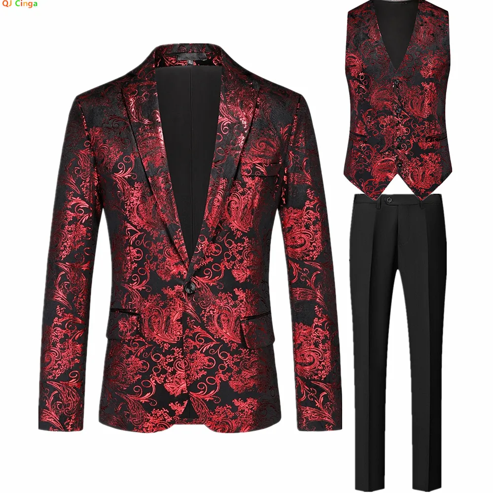 

2026 Новый красный мужской костюм-тройка, азиатская приталенная куртка и жилет с черными брюками, идеально подходит для свадеб и вечеринок.