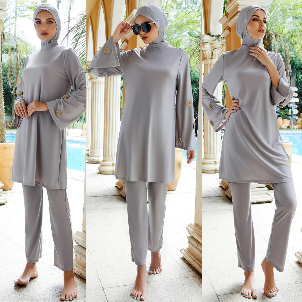 

New Women Hijab Muslim Swimsuit Swimwears Burkini Islamic Islam Modest Musulm Burqini 3 Pieces Set Tops Pants Cap Swimming Wear