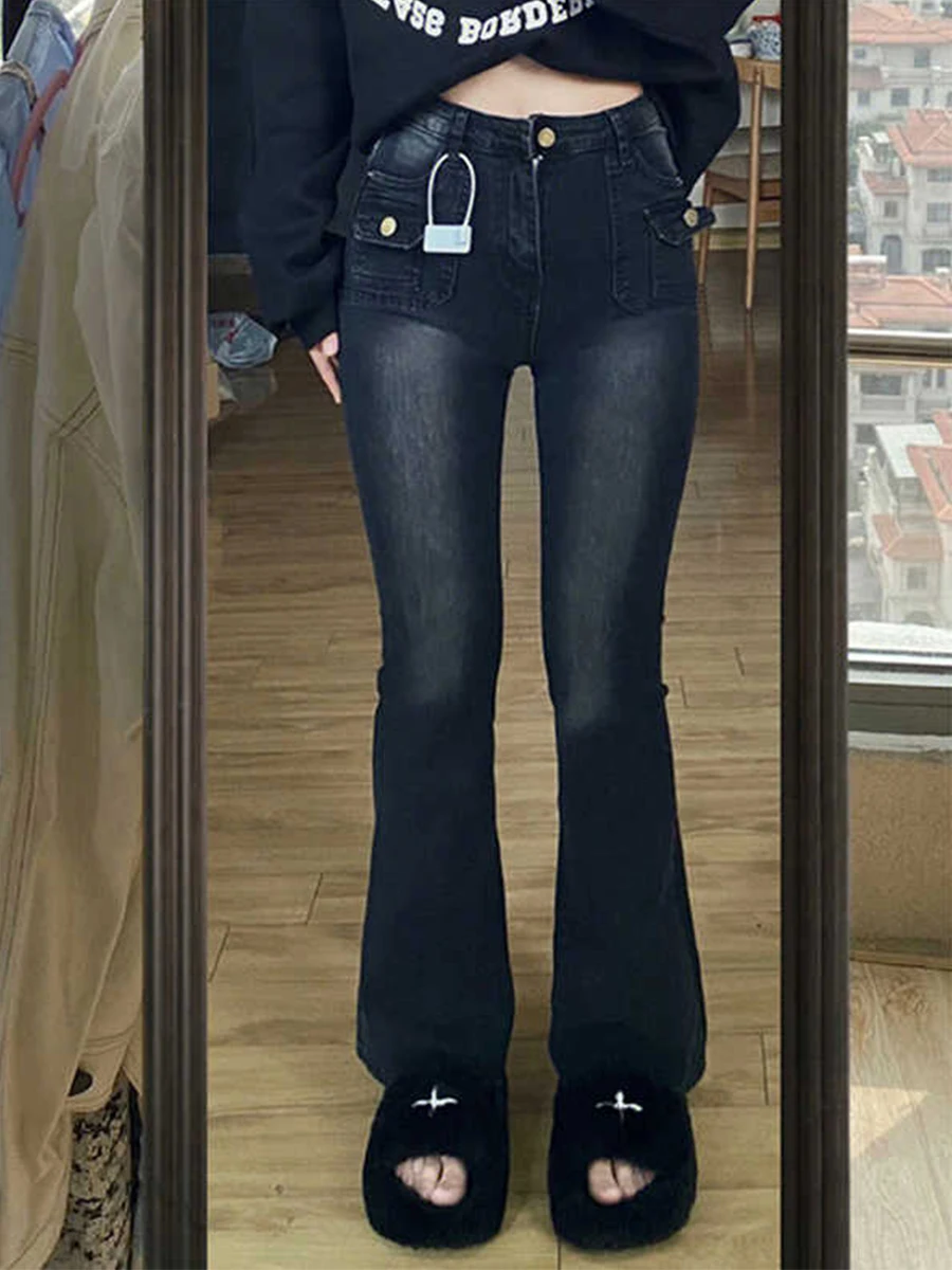 

Джинсы женские с высокой талией, больших размеров, черные, широкие, расклешенные, из эластичного хлопкового денима, для весны и осени, с эффектом похудения