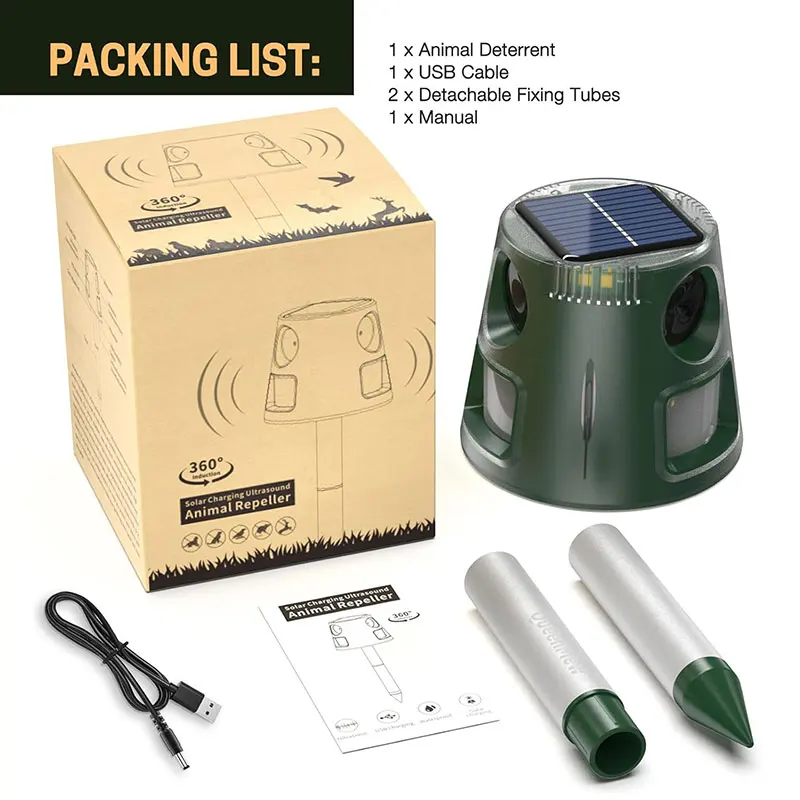 Solarbetriebener Ultraschall-Tiervertreiber mit LED-Blinklicht und Alarmton zur Abschreckung von Tauben, Vögeln, Mäusen und Füchsen für Garten und Außenbereich – Detail 8