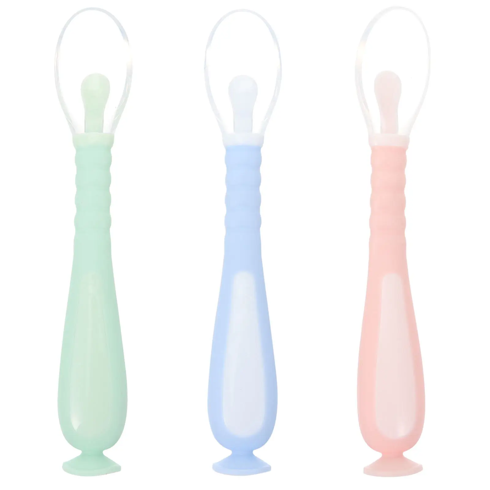 

3Pcs Silicone Baby Spoon Set Infant Feeding Spoon Non-Slip Handle High Temp Resistant Round Tip Bendable Suction Base Safety