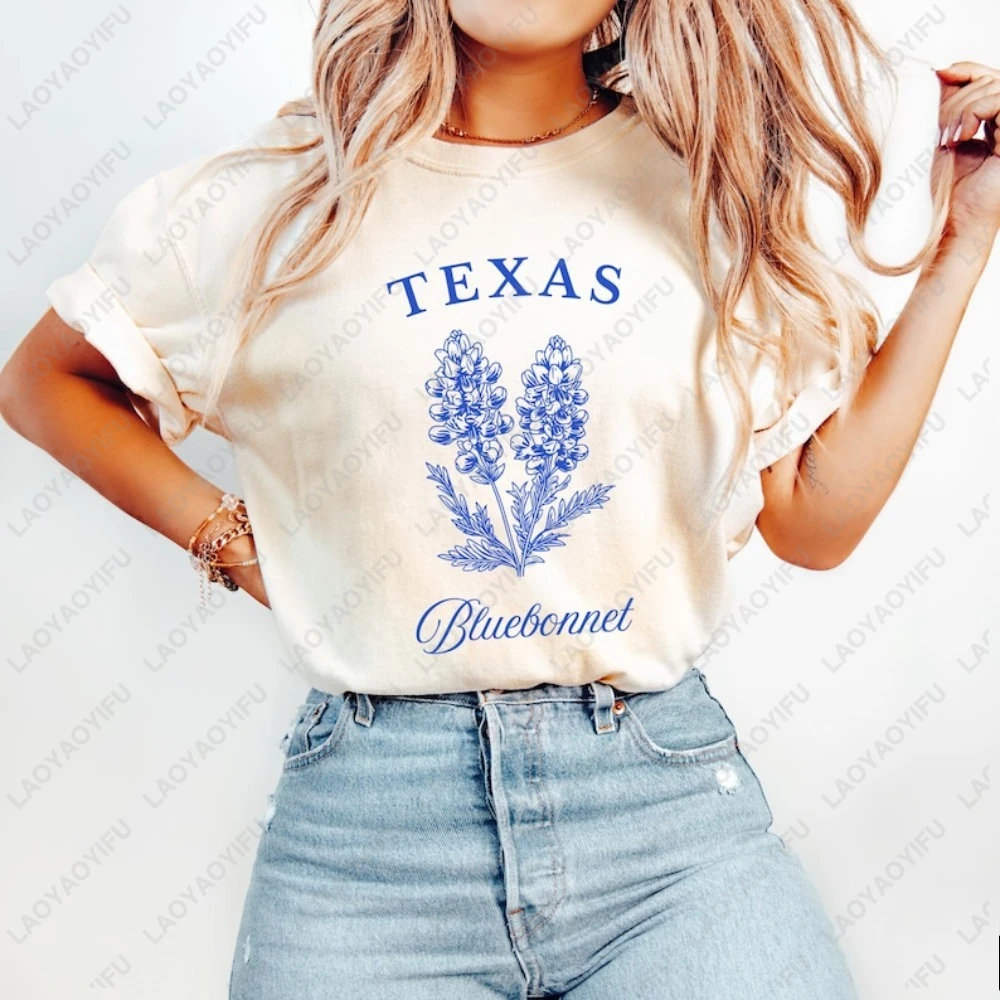 

Texas State Flower Bluebonnet Theme T-shirt Lone Star State Featured Gift Vintage Floral Crew Neck Top