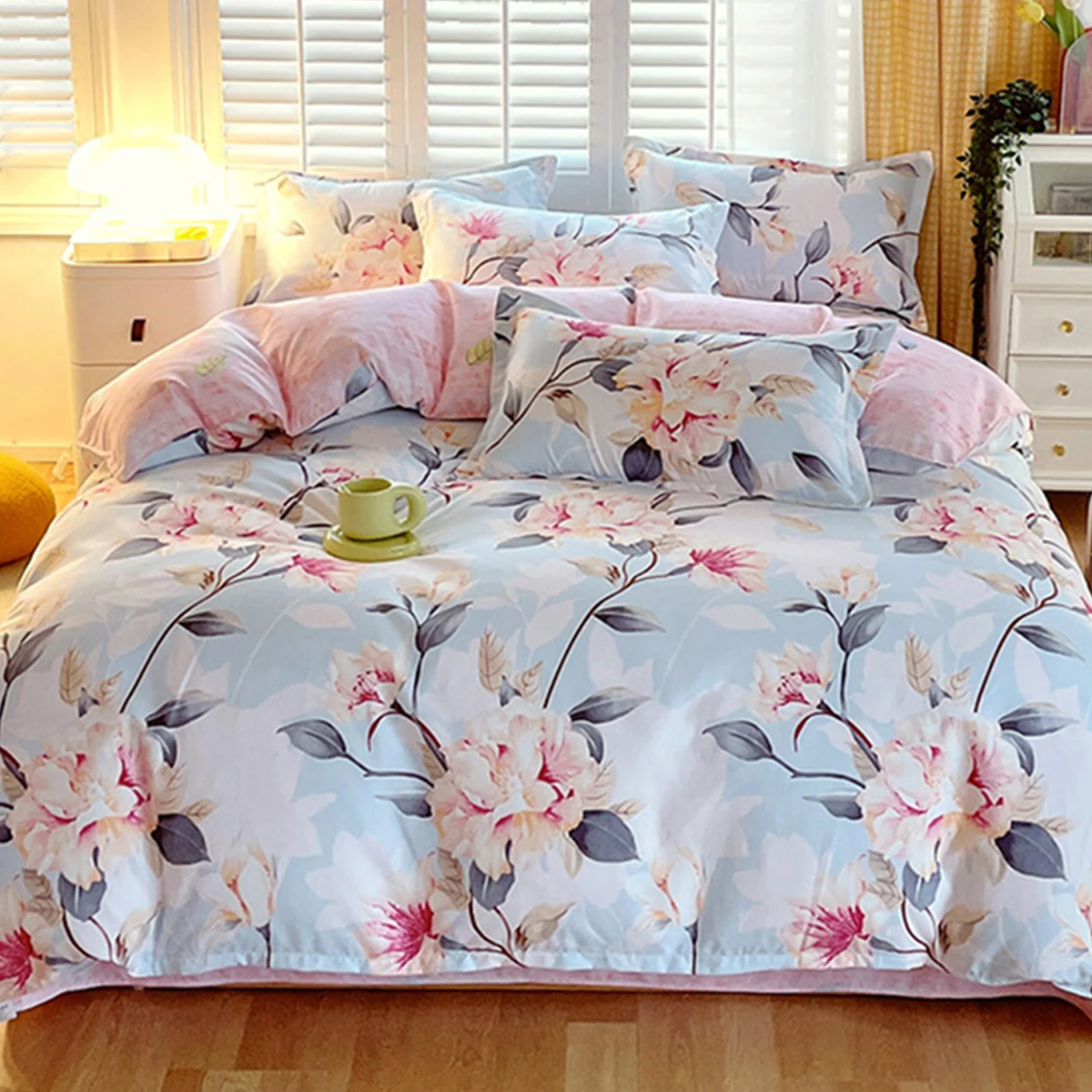 3PCS Floral Print Bedding Set Soft Microfiber Duvet Cover Breathable Light Blue Peony Bed Linens For Bedroom Guest Room