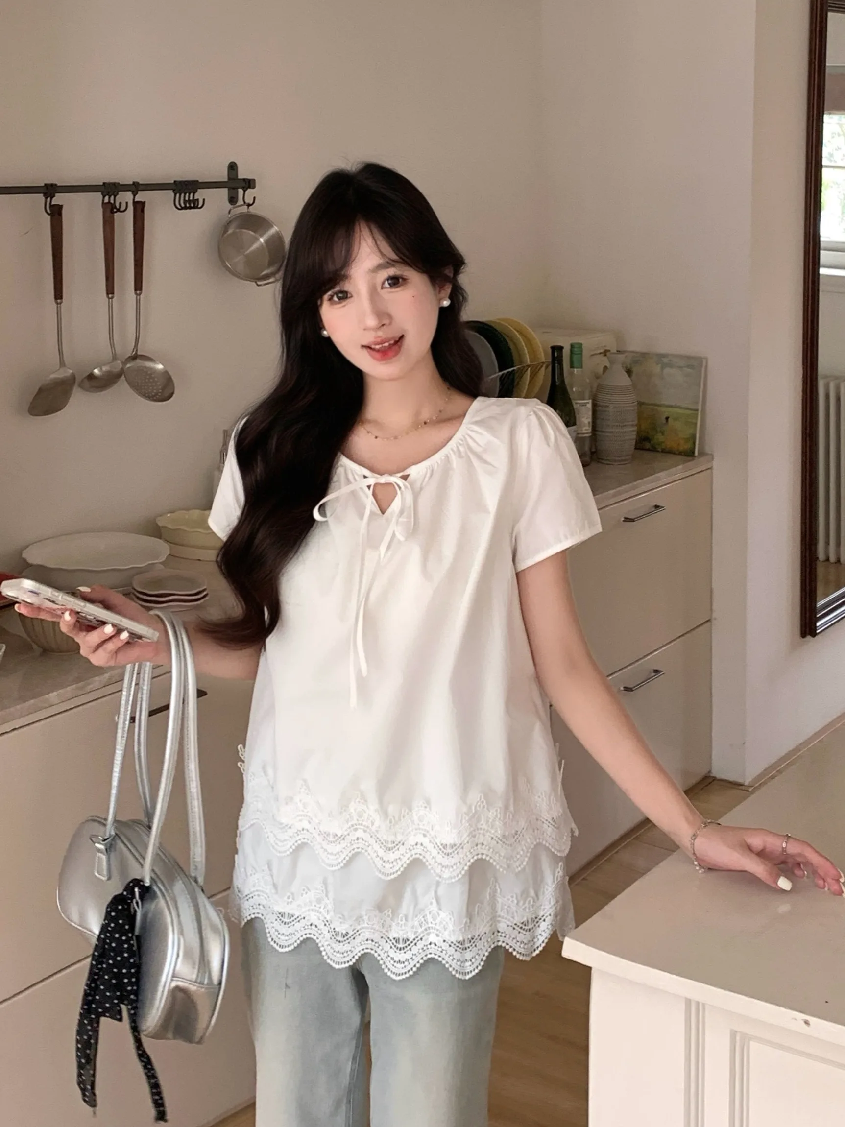 

Ele Lace Trim ort Sve Hollow out Layered Blouse Women's Summer New Design Unique Top plus Size Korean Sle Loose Fit