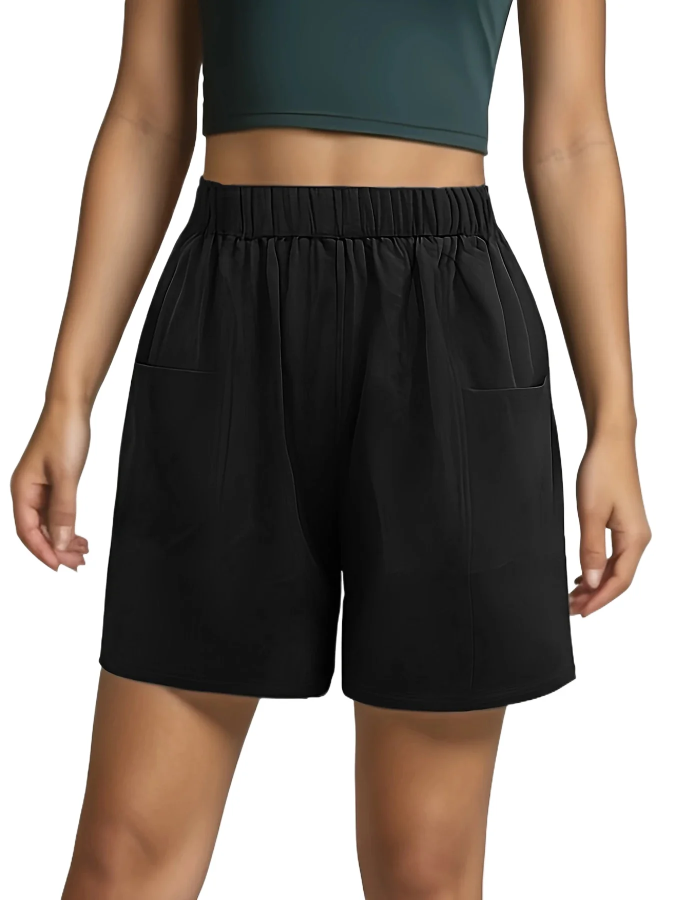 Women Summer High Waist Elastic Loose Baggy Wide Leg Shorts with Pockets Casual Daily Wear Solid Color Comfortable