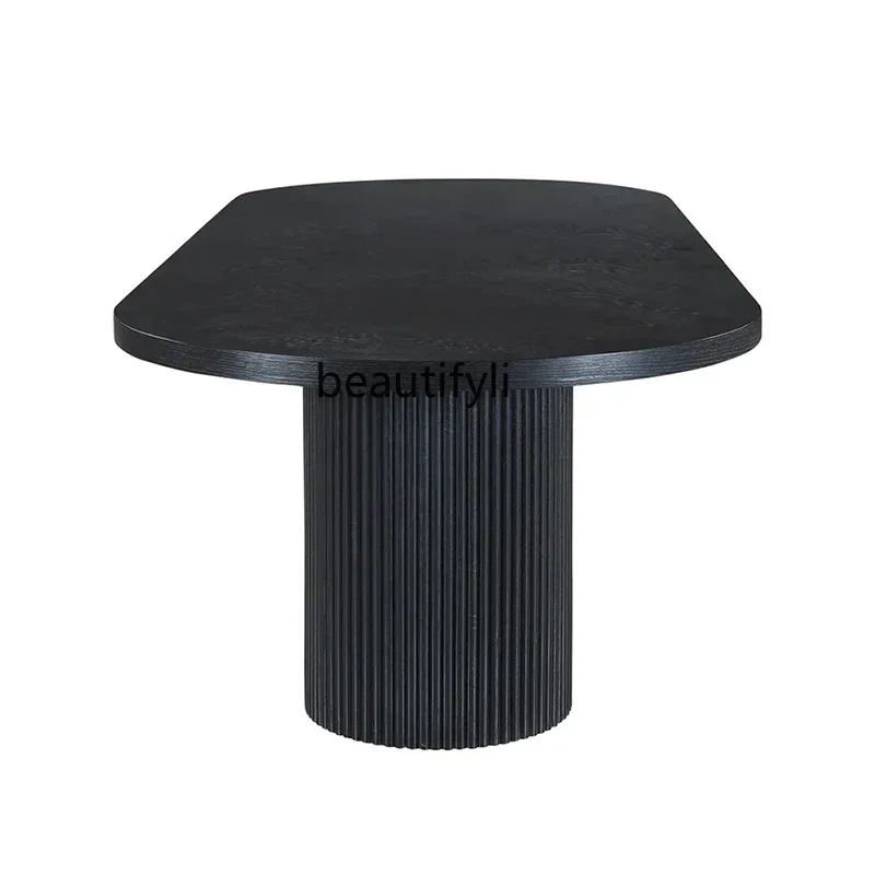 

Medieval style creative art dining table oval wabi style retro black solid wood home dining tableAA