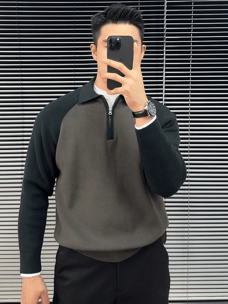 

Mature Stable Contrast Color Splicing Men's Turn-down Collar Knitted Sweater Top Spring Autumn Casual f Zipper Loose Fit P...